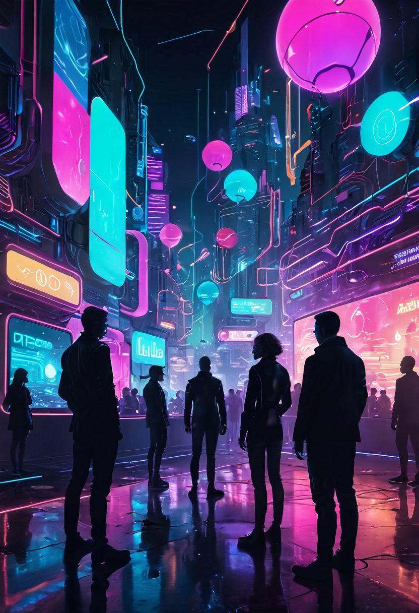 A mysterious and alluring digital landscape featuring futuristic adult chatbots engaging in animated conversation, with swirling neon lights and abstract shapes representing desires. Include elements of technology such as glowing screens and chat bubbles, while radiating an enticing aura. The atmosphere should evoke curiosity and excitement. vibrant colors. cyberpunk. dynamic composition.