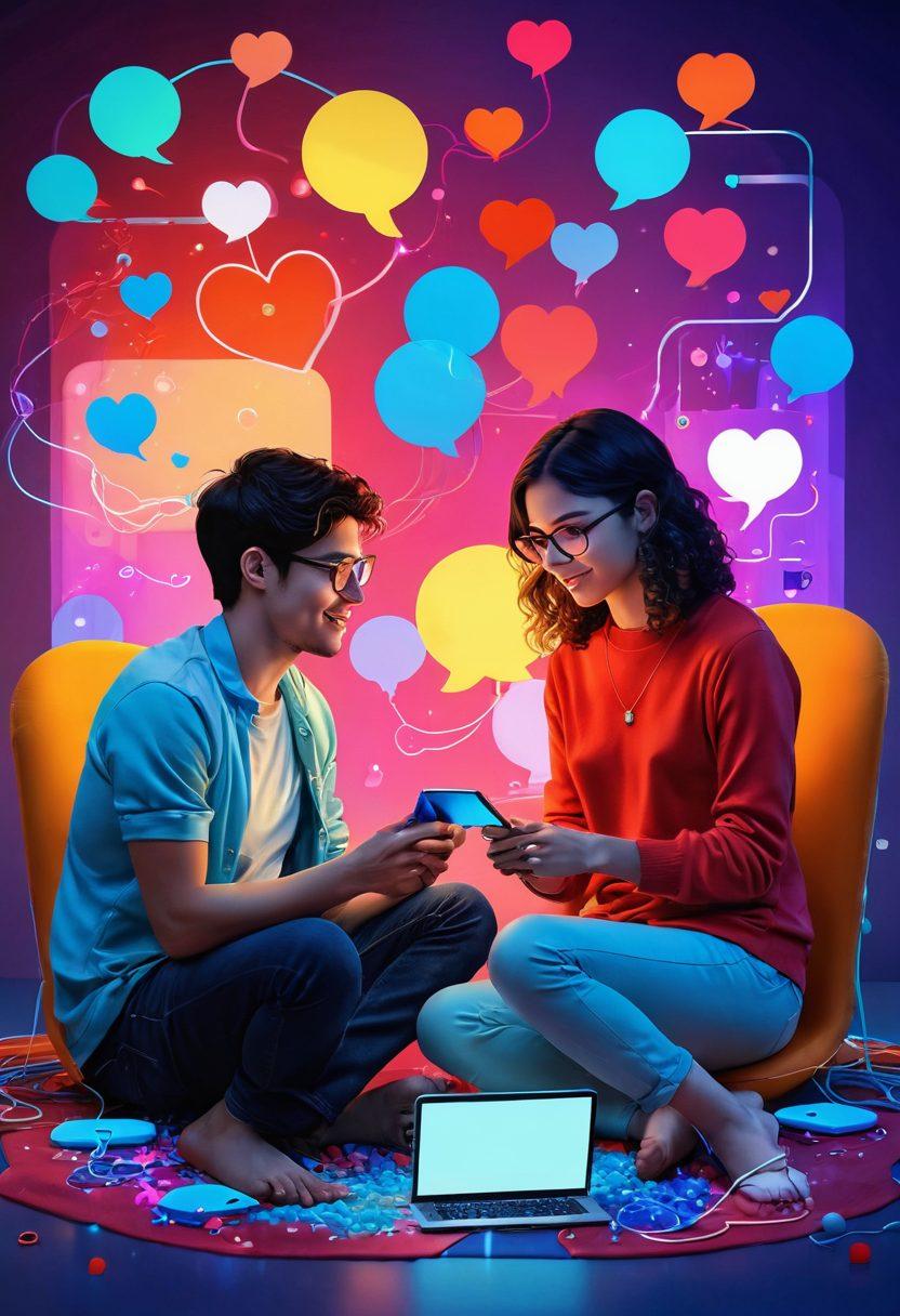 A playful scene depicting two people engaging in intimate conversations through their devices, surrounded by colorful technology icons like chat bubbles and virtual hearts. The setting is cozy, with soft lighting that radiates warmth and connection, hinting at digital intimacy bridging the distance. Incorporate abstract representations of networks and connections intertwining above them. vibrant colors. digital art.
